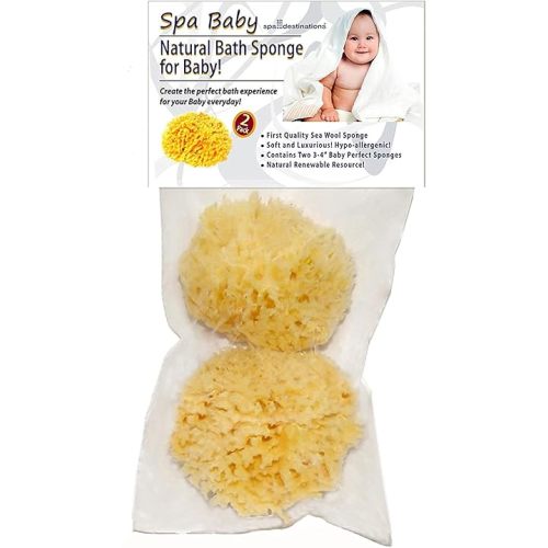 Spa Baby Absorbent Natural Bath Sponge Spa Destinations. Ultra Soft Premium Sea Wool Sponge, Biodegradable, Bath Accessories Baby and Kids, Infant Bath. Two (2) Pack 3-4 inch for Moms