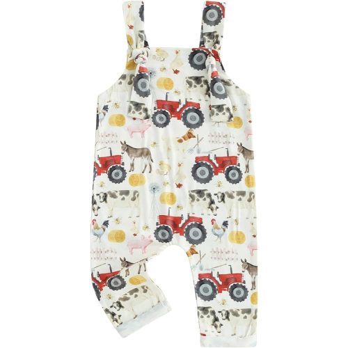 Newborn Baby Boy Girl Western Outfits Cow/Tractor Print Sleeveless Jumpsuit Farm Animals Romper Overalls Clothes
