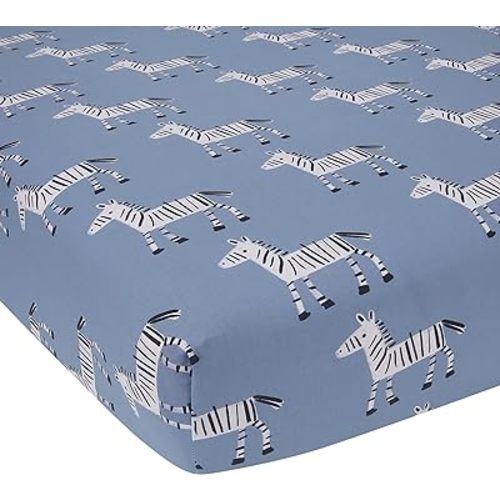 Lambs & Ivy Signature Zebra Blue Organic Cotton Breathable Fitted Crib Sheet