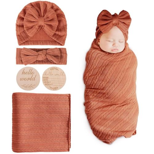 BQUBO Baby Swaddle Blankets for Girls, 4PCS Newborn Accessories Set with Matching Hat and Bow Headband with Hello World Wooden Birth Announcement Card