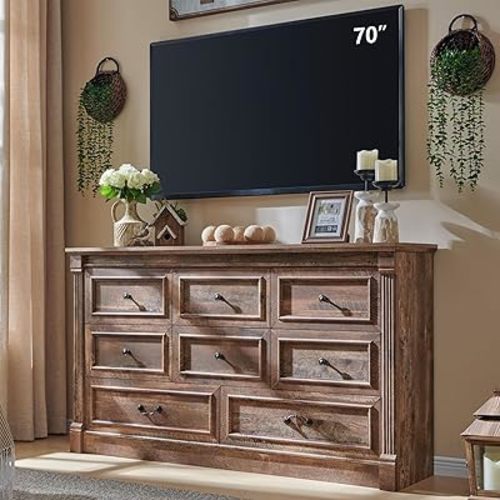 Aitjunz Farmhouse 61" Wide 8 Drawers Dresser for Bedroom, Light Brown