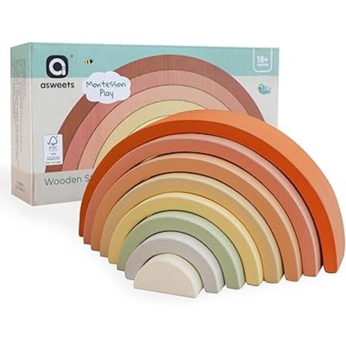 Asweets Wooden Stackable Rainbow Toy, 8 PCS Wooden Building Blocks Set for 1 2 3 Baby, Kids and Toddlers, Montessori Rainbow Nesting Puzzle, Best for 18M+, Cognitive Development (Pink)