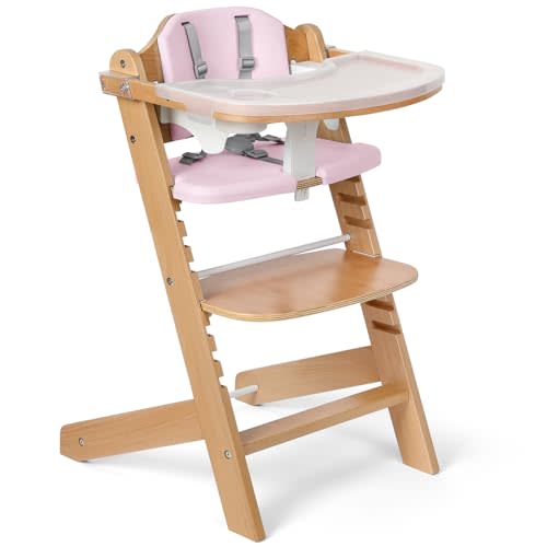 Cowiewie Natural Wooden High Chair for Babies & Toddlers 3-Tier Remove Adjustable Tray and Highchair with Cushions, Easy to Clean, Portable. (Pink)