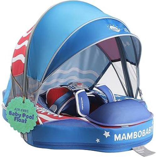 MAMBOBABYFLOAT Sunny Navigator Baby Pool Float with Canopy — Safe, Comfortable, Adjustable American Flag Pool Float w/Sun Protection, Air-Free Foam Technology, 5-Way Buckle System