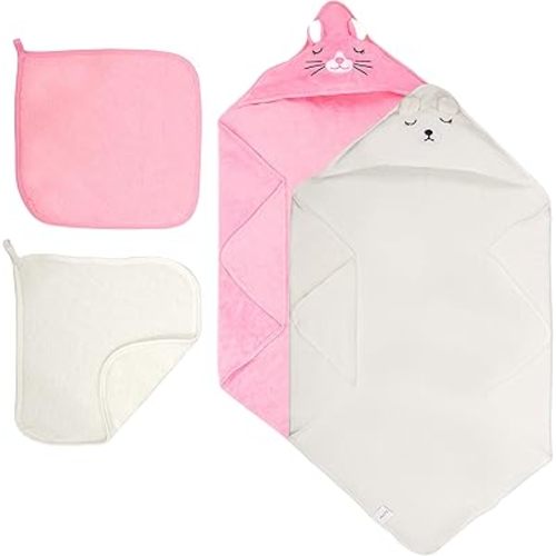 HBHLFZ 4-Pack Baby Bath Towels,Set of 2 Hooded Baby Bath Towels and 2 Baby Face Towels, Super Soft,Highly Absorbent,31.5x31.5inch,Suitable for Newborns,Toddlers and Children,Unisex(Kitten, Bear)