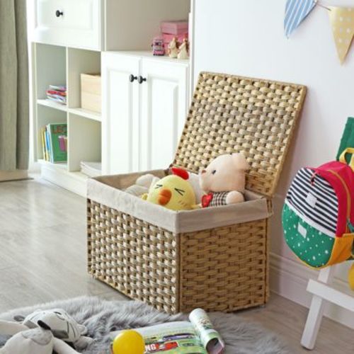 SONGMICS Storage Basket with Lid, 17.2 Gallon (65L) Storage Bin, Woven Blanket Storage Basket with Handles, Foldable, Removable Liner Natural