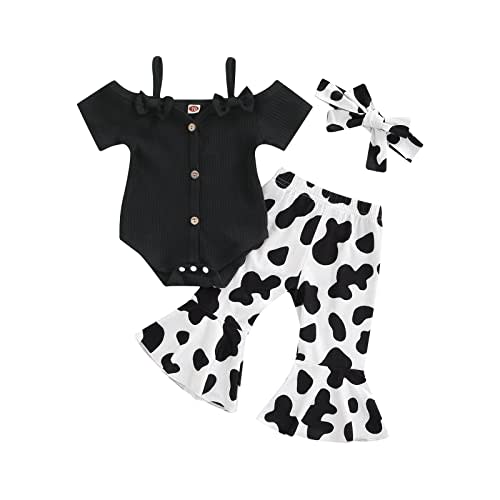 Lefyira Cow Print Bell Bottoms Outfits Toddler Girl Short Sleeve Romper Rib Knit Button Bodysuit Flare Pants Clothes Summer