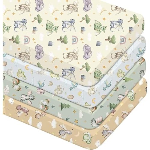 4 Pcs Watercolor Cute Dragon Fairy Tale Crib Sheets for Boys Girls 52'' x 28'' x 8'' Cloud Moon Star Dragons Egg Breathable Standard Newborn Mattress Sheets Fitted Baby Toddler Gifts