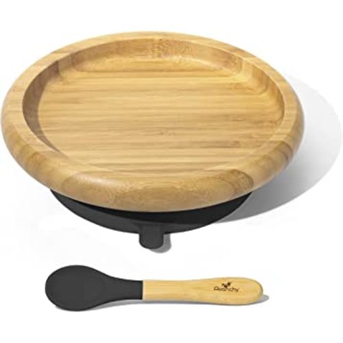 Avanchy Bamboo Classic Baby Plate & Spoon - 9 Months and Older - Bamboo Plate - Silicone Suction - 8" x 2.5" (Black)