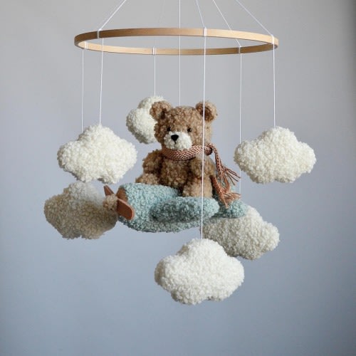 Mobile Teddy Bear from Boucle on an Airplane Boucle Clouds, Airplane Neutral Gender Mobile Children's Decor boucle Mobile Clouds Brown Bear