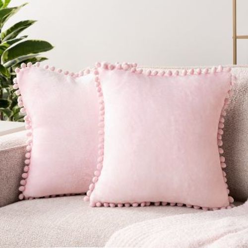 PAVILIA Set of 2 Pom Pom Throw Pillow Covers, Decorative Pompom Fringe Square Cushion Cases for Couch Sofa Bed, Pink/18 x 18