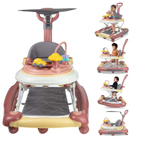 EONROACOO 5-in-1 Baby Walker for Boys Girls, Adjustable Infant Walkers with Wheels(Pink)