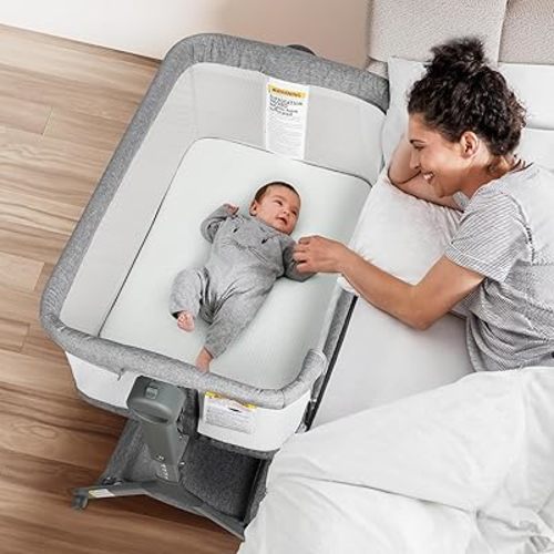 Baby Bassinet Bedside Sleeper, Baby Crib for Infant, 6-Height Adjustable, Rocking Mode with Breathable Mesh & Mattress, Quiet Wheels & Easy Assembly, Stable and Secure Crib for Newborn, Grey