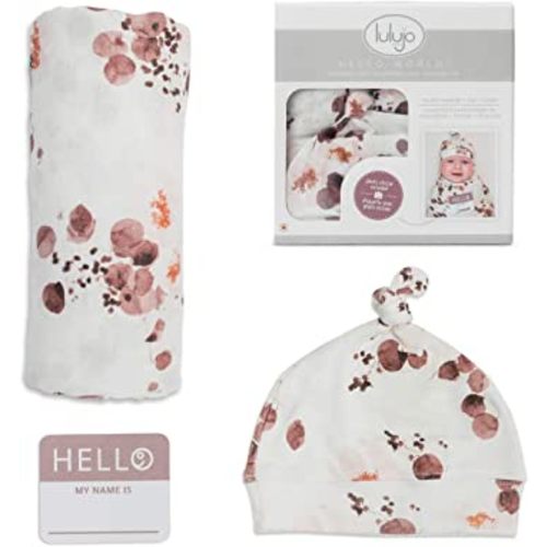 lulujo Birth Announcement Hat & Swaddle Blanket Set| Unisex Softest Bamboo Muslin Baby Swaddle Blanket| Neutral Receiving Blanket | 47in x 47in| Bamboo Knot Hat | Hello! Birth Announcement Sticker