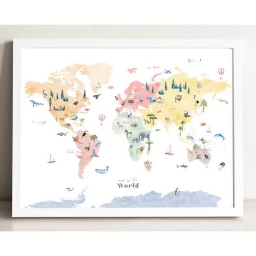 Colorful Animal World Map | Nusery Art Print | Kids Room Travel Decor | Wall Map Art Print | Watercolor Map of the World | Kids World Map