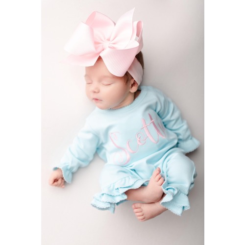 Baby girl coming home outfit, monogrammed ruffle romper, personalized baby shower gift, pima cotton, monogrammed, sk creations, mint ruffle
