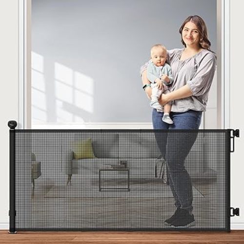 Retractable Baby Gate, Mesh Dog Gate or Mesh Baby Gate 55" Wide 33" Tall Safety Child or Pet Gate for Indoor Outdoor Stairs, Doorways, Hallways, Deck