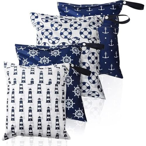 Frienda 4 Pieces Wet Dry Bag for Baby Waterproof Reusable Washable Diaper Bag Sealed with Handle for Travel, Beach, Swimsuit, Diapers, Dirty Gym Clothes and Toiletries (Nautical Style)