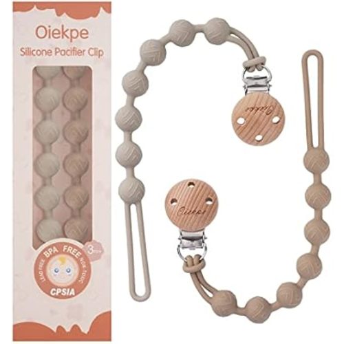 Pacifier Clips for Baby Boys Girl - 100% Food Grade Silicone, One Piece Pacifier Clip Holder, Wooden Clips Design, Paci Clip Soothe Baby Binky Holder for Shower Birthday Gift(Sand+Linght Grey)