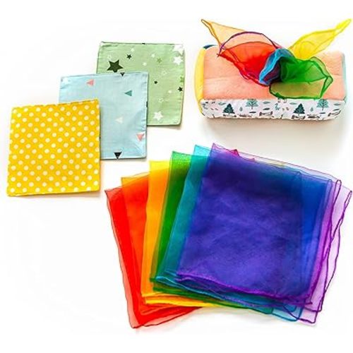 Baby Tissue Box Toy - Montessori Play for Infants and Toddlers - Sensory Textured Box with 12pcs Matching Colorful Scarves and 3pcs Crinkle Paper