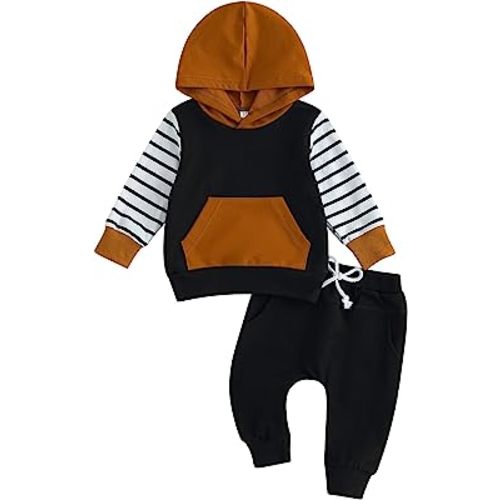 Hoanselay Toddler Baby Boy Color Block Sweatsuit Clothes Long Sleeve Hoodie Sweatshirt Top and Pants Fall Winter Outfit Set
