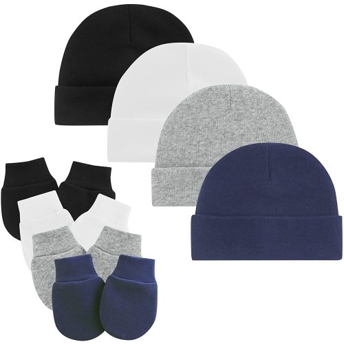 Zando Baby Hats and Mittens Unisex Infant Beanie Caps Newborn Hospital Hat with Scratch Mitten Set for Baby Boys Grils 4 Pack 6 0-6 Months