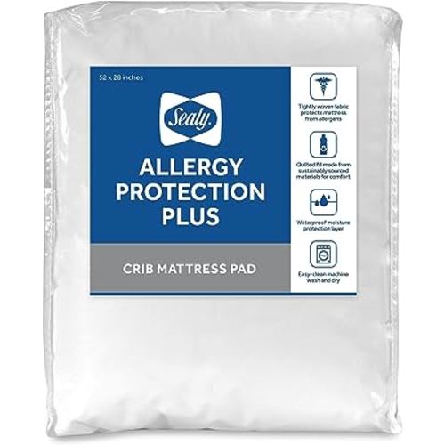 Sealy Allergy Protection Plus Waterproof Fitted Toddler Bed and Baby Crib Mattress Pad Cover Protector, Noiseless, Machine Washable and Dryer Friendly, 52" x 28" - White