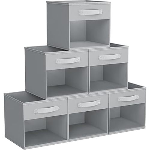 DIMJ Storage Cubes, 6 Pack Cube Storage Bin, Foldable Storage Cubes with Window, Closet Storage Bins with Handle, 11 x 11 inch Storage Cubes for Clothes, Toys, Books (Grey)