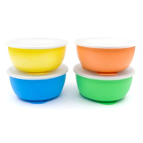 Elk and Friends Stainless Steel Bowls with Silicone Sleeve for Babies & Toddlers | Lids Included | Stay Put Suction | Cereal & Snack Bowls | 4 Pack