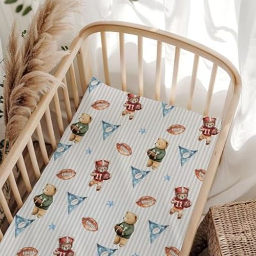 Cute American Football Bear Blue Stripe Baby Crib Sheets for Boy Girl 52x28Inch Sport Bears Flag Stars Fitted Crib Mattress Cover for Standard Crib and Toddler Sports Lover Gift Mattress