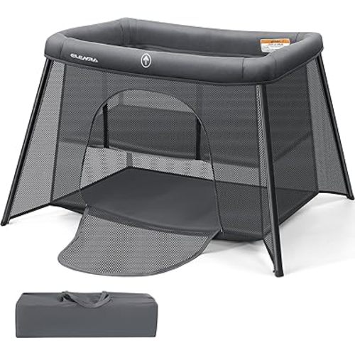 ELEMARA Baby Travel Crib Easy-Set Up,Portable Crib with Comfortable Mattress and Lightweight-Foldable Crib with Long-Lasting Playard, Indoor & Outdoor Playpen, Pack and Play for Toddler(Dark Gray