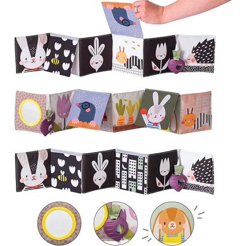 Taf Toys Urban Garden Soft Cloth Newborn Book, Crinkle Baby Book. High Contrast Sensory Toys. Early Education Activity Toy. Infant Tummy Time Toys. Multi-Sensory Textures and a Baby-Safe Mirror