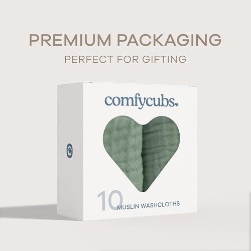 Comfy Cubs Muslin Baby Washcloths 10 Pack - Soft 6-Layer Cotton Wash Cloths for Sensitive Skin - 10"x10" Large, Gentle, Absorbent Infant Essentials for Newborn and Toddlers - (Fern)