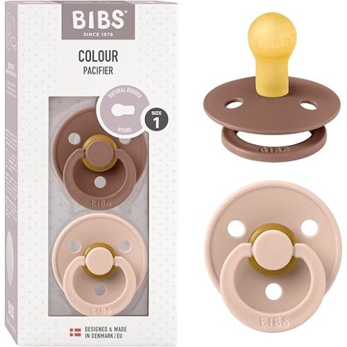 BIBS Colour Baby Pacifier 2-Pack | Made in Denmark | BPA Free Dummy Soother, Round Nipple. Natural Rubber Latex, Size 1 (0-6 Months), Woodchuck/Blush
