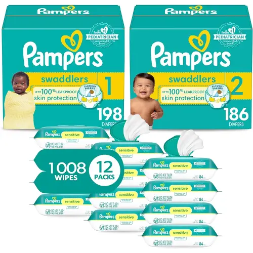 Pampers Baby Diapers and Wipes Starter Kit, Swaddlers Disposable Sizes 1 (198 Count) & 2 (186 Count) with Sensitive Water Based 12X Multi Pack Pop-Top Refill (1008 Count)