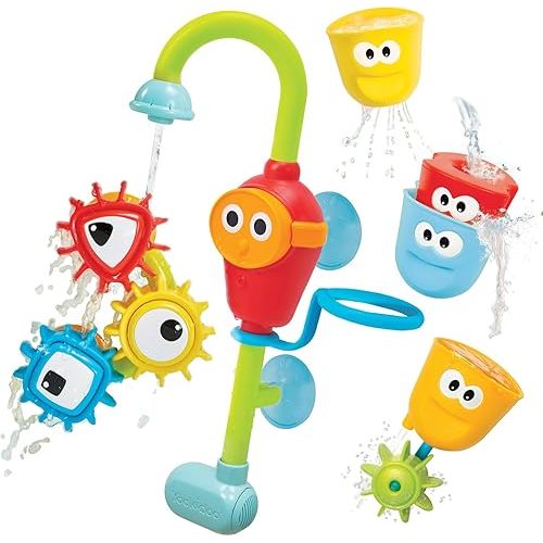 Yookidoo Bay Bath Toddler Toys (Ages 1-3) - 3 Stackable Cups, Spinning Gears, Hose & Spout for Water Play - Mold Free - Suction Cups Attach to Any Bath Tub or Shower - Spin N Sort Spout Pro