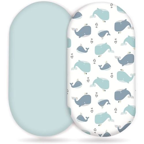 Stretchy Ultra Soft Fitted Bassinet Sheet Set 2 Pack, Universal Fit for Bassinets Baby Cradle Moses Basket Oval Rectangle Pad/Mattress, Lovely Whale Bassinet Sheets