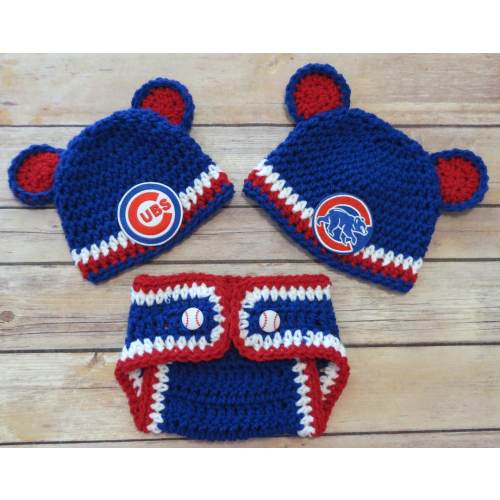 Crochet Set, ONE Cubs Hat & matching Diaper Cover, Newborn to 12 months, photo props, MLB Chicago Cubs, Bear or Cubs patch