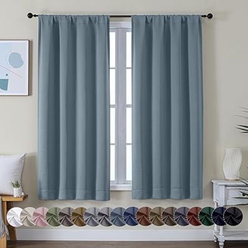 Simplebrand Ava Stone Blue Blackout Curtains for Bedroom 63 Inch Length 2 Panels, Solid Thermal Insulated Energy Saving Rod Pocket Window Treatment Curtains Blackout Drapes, W40 x L63 Inch, Stone Blue