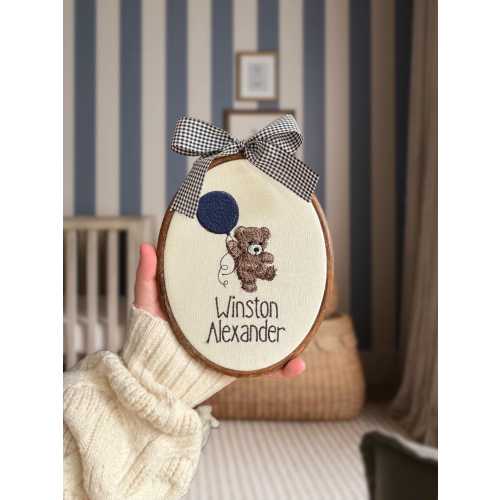 Oval baby name sign embroidered with a Teddy and balloon | baby name announcement and nursery shelf decor - gender neutral/ baby boy