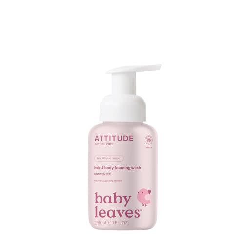 ATTITUDE 2-in-1 Hair and Body Foaming Baby Wash, EWG Verified Shampoo Soap, Dermatologically Tested, Made with Naturally Derived Ingredients, Vegan, Unscented, 10 Fl Oz