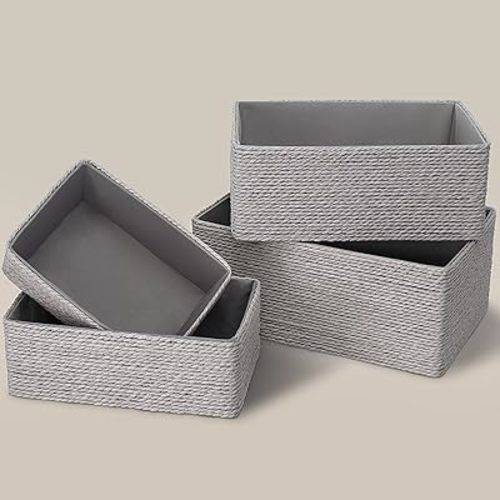 PROLAND Recycled Wicker Storage Basket, Paper Rope Storage Baskets for Organizing Container Bins for Shelves Cupboards Drawer, Small Woven Basket Set of 4 Grey