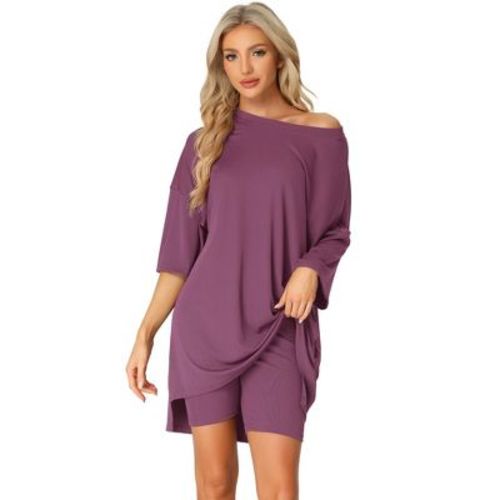 cheibear Women's Knit Loose Fit T-Shirt with Biker Shorts Lounge Sleepwear Pajama Sets