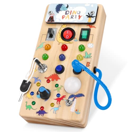 Dinosaur Busy Board with 8 LED Light Switches, Toddler Montessori Busy Board with Light Switch, Sensory Travel Toys, Montessori Toys for 1+ Year Old Boys