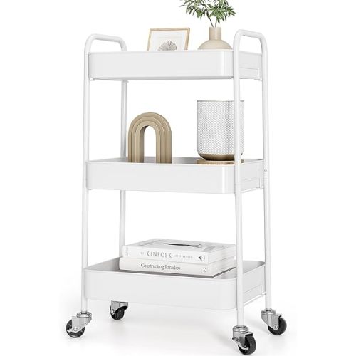 TOOLF 3-Tier Metal Rolling Cart with Wheels, Storage Utility Organizer Cart for Kitchen, Bathroom, Office, Baby Essentials & Makeup - Lockable Casters, Easy Assembly, 132 lbs Capacity, White