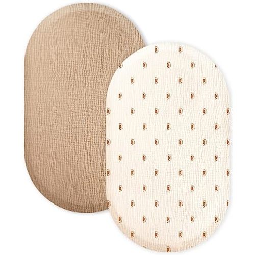 Konssy 2 Pack Muslin Fitted Bassinet Sheets for Baby Girl Boy, Soft Breathable Baby Bassinet Sheets Fit for Baby Bassinets, Cradle, Moses Basket Oval Rectangle Pad/Mattress (Camel, Sun) - Camel+sun