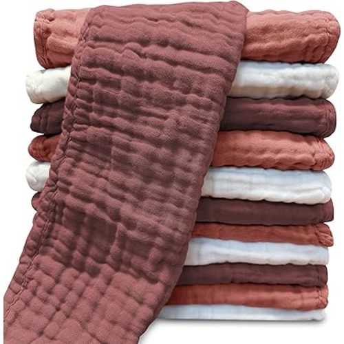 Muslin Burp Cloths for Baby 100% Cotton Burping Cloths for Unisex, Boy, Girl - Large 20'' by 10'' Newborn Essentials Ultra Soft Absorbent Milk Spit Up Rags - 12 Pack - White+Deep Bean Paste Series