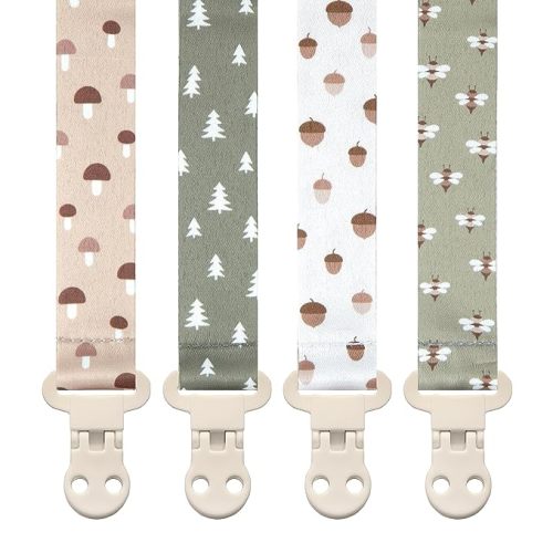 Stadela Baby Pacifier Clip Holder - Girl or Boy Unisex 4 Pack Gift Set – Woodland Mushrooms Bees Neutral Green Beige (Forest)