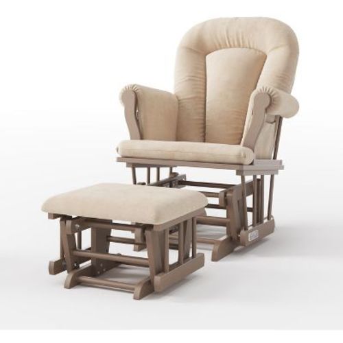 Child Craft Cozy Glider Rocker and Ottoman Set, Padded Cushion with Storage Pockets, Solid Wood Base & Frame (Dusty Heather with Beige Cushion)