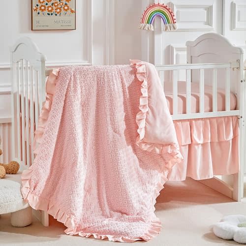 Flysheep 3 Pieces Tufted Crib Bedding Set with Ruffle Fringe, Pink Ruffled Comforter with Fitted Sheet and Bed Skirt, Soft and Embroidery Shabby Chic Boho Bohemian Jacquard Design for Baby Girls Boys